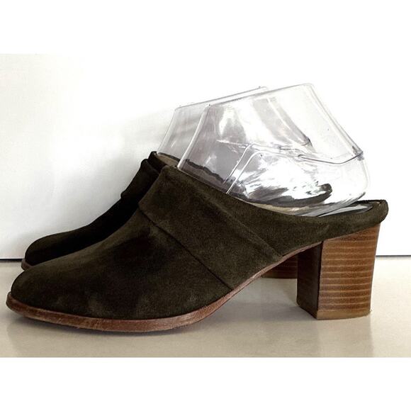 Matt Bernson Sz 6 1/2 Olive Green Suede Strap block heel mules - Picture 3 of 8
